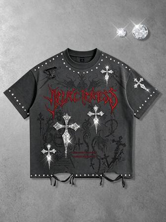 2026 Nuova maglietta Casual da Uomo Stile Europeo & Americano con Pesanti Strass Decorativi Stile Punk Street Girocollo Maniche Corte