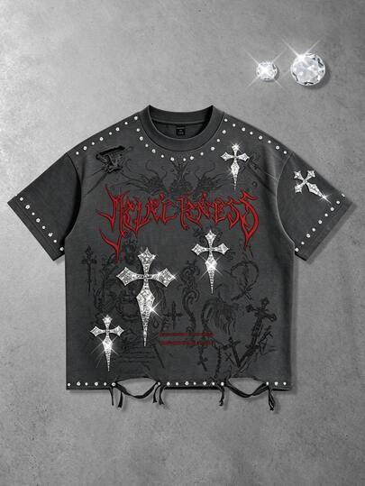 2026 New European & American Casual Men's Heavy Rhinestone Embellished Punk Street Style Crew Neck Short Sleeve T-Shirt