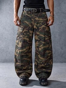 ROMWE MEN 男士弧形寬鬆版型迷彩牛仔褲 - 軍綠色 - 查看 3