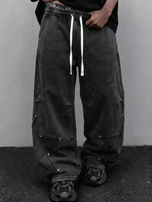 ROMWE MEN Essentials Men's Dark Street Style Pentagram Split Heavy-Duty Casual Sweatpants - Black - View 3