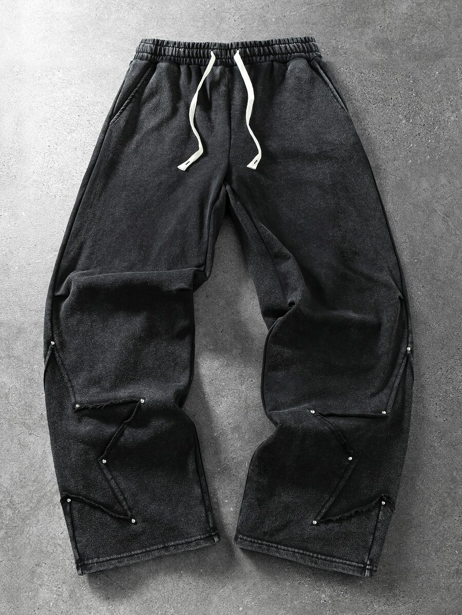 ROMWE MEN Essentials Men's Dark Street Style Pentagram Split Heavy-Duty Casual Sweatpants - Black - View 1