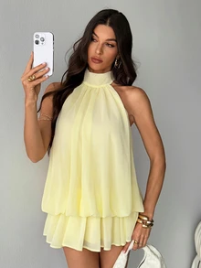 SHEIN Tall 女款優雅淡黃色掛脖領結迷你洋裝，適合派對、約會，秋冬/春夏穿著 - 黑色 - 查看 6
