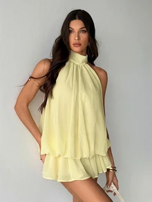 SHEIN Tall 女款優雅淡黃色掛脖領結迷你洋裝，適合派對、約會，秋冬/春夏穿著 - 黑色 - 查看 3