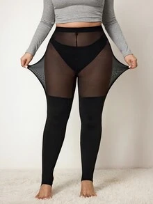 Enliva Women's Curve Plus Size Stockings,Black Autumn Classy Rave Anti Slip High Leg Mesh Patch Tights For Apple Rounded ,Fashionable Daily Wear - Black - View 5