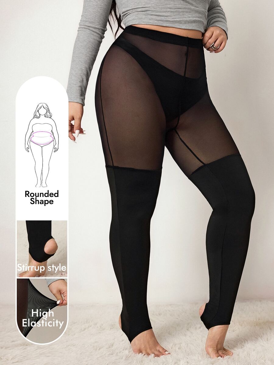 Enliva Women's Curve Plus Size Stockings,Black Autumn Classy Rave Anti Slip High Leg Mesh Patch Tights For Apple Rounded ,Fashionable Daily Wear - Black - View 1