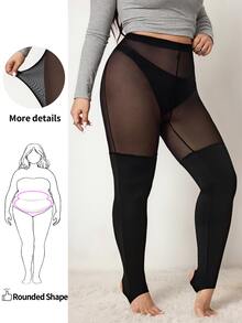 Enliva Women's Curve Plus Size Stockings,Black Autumn Classy Rave Anti Slip High Leg Mesh Patch Tights For Apple Rounded ,Fashionable Daily Wear - Black - View 8