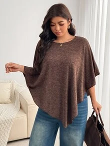 Enliva Plus Size Women's Apple Shape Solid Color Loose Fit Batwing Sleeve Asymmetrical Hem Top Fall - Brown - View 5