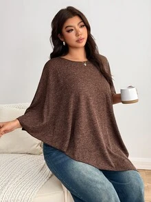Enliva Plus Size Women's Apple Shape Solid Color Loose Fit Batwing Sleeve Asymmetrical Hem Top Fall - Brown - View 3
