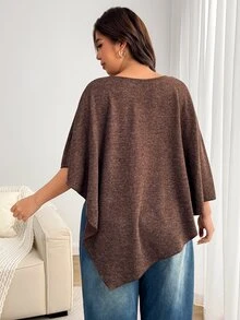 Enliva Plus Size Women's Apple Shape Solid Color Loose Fit Batwing Sleeve Asymmetrical Hem Top Fall - Brown - View 2