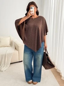 Enliva Plus Size Women's Apple Shape Solid Color Loose Fit Batwing Sleeve Asymmetrical Hem Top Fall - Brown - View 6