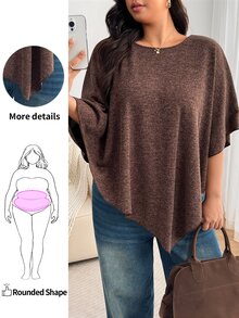 Enliva Plus Size Women's Apple Shape Solid Color Loose Fit Batwing Sleeve Asymmetrical Hem Top Fall - Brown - View 8