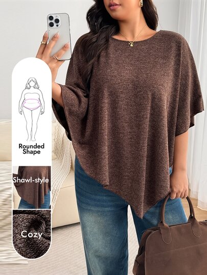 Enliva Plus Size Women's Apple Shape Solid Color Loose Fit Batwing Sleeve Asymmetrical Hem Top Fall