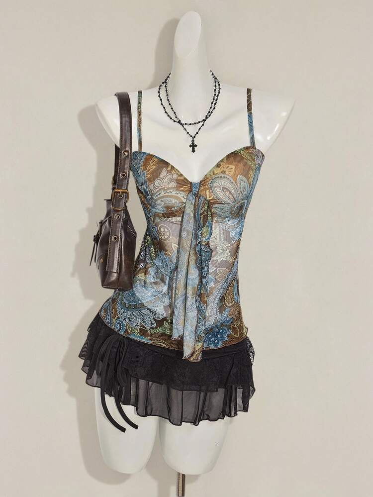 SHEIN ICON Women's Paisley Print Y2K Vintage Pleated Camisole Tank Top - Multicolor - View 5