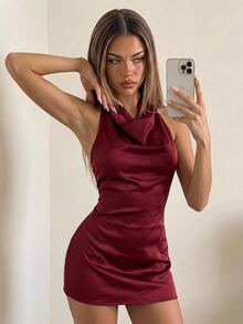 SHEIN ICON Elegant Sexy Backless Extra Long Tie Strap Halter Neck Mini Dress Night Out Burgundy Summer - Burgundy - View 3