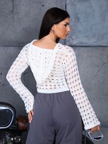 SHEIN ICON Women's Solid Color Hollow Out Knitted Cropped Cardigan With Open Front - Beige - View 2