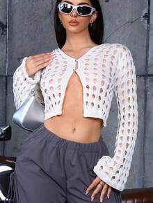 SHEIN ICON Women's Solid Color Hollow Out Knitted Cropped Cardigan With Open Front - Beige - View 5