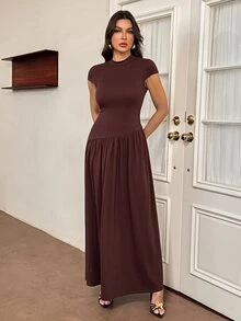 SHEIN Tall 女款純色立領泡泡袖百褶長款休閒洋裝，夏季棕色洋裝 - 棕色 - 查看 3