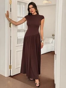 SHEIN Tall 女款純色立領泡泡袖百褶長款休閒洋裝，夏季棕色洋裝 - 棕色 - 查看 4