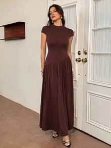SHEIN Tall 女款純色立領泡泡袖百褶長款休閒洋裝，夏季棕色洋裝 - 棕色 - 查看 6