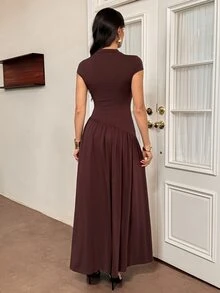 SHEIN Tall 女款純色立領泡泡袖百褶長款休閒洋裝，夏季棕色洋裝 - 棕色 - 查看 2