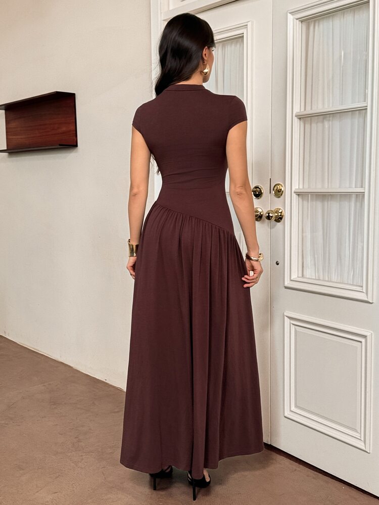 SHEIN Tall Women's Solid Color Stand Collar Puff Sleeve Pleated Long Casual Dress, Summer Brown Dress - Brown - View 2