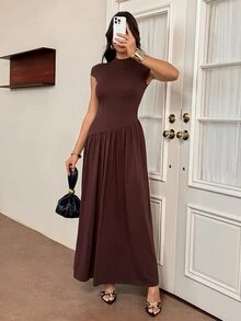 SHEIN Tall 女款純色立領泡泡袖百褶長款休閒洋裝，夏季棕色洋裝 - 棕色 - 查看 7