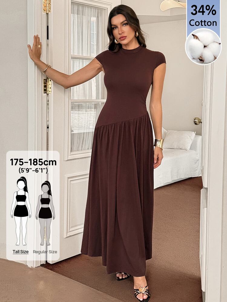 SHEIN Tall Women's Solid Color Stand Collar Puff Sleeve Pleated Long Casual Dress, Summer Brown Dress - Brown - View 1