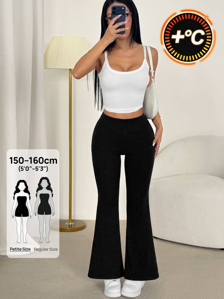 SHEIN PETITE Minimalist Solid Color High Waist Flare Leggings Skort - Black - View 9