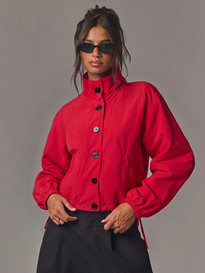 Athîral Women's Red Solid Jacket,Relaxed Cropped Fit,Crinkle Finish,Stand Collar,Button Front,Autumn Cool Girl Streetwear,Daily,Date,Women's Winter Jackets