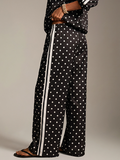 Athîral Women's Casual Loose Black Polka Dot Printed Side Stripes With Elastic Waistband And Wide Leg Pants, Suitable For Daily Casual Sports And Gym Wear In