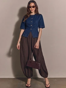 COSMINA Denim 女款短袖單排扣休閒牛仔襯衫 - 藏蓝色 - 查看 3