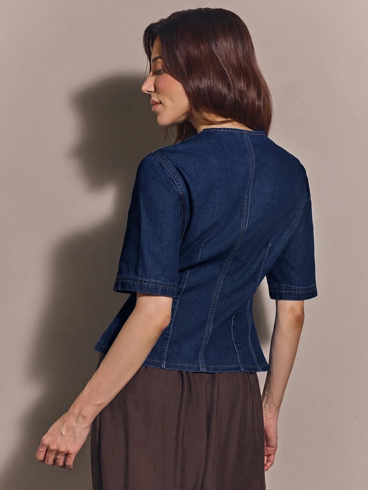 COSMINA Denim Kemeja Denim Kasual Wanita Lengan Pendek Kancing Tunggal - Navy Blue - View 2