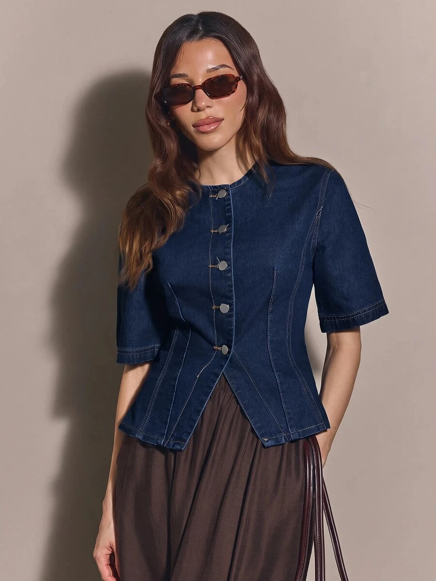 COSMINA Denim 女款短袖單排扣休閒牛仔襯衫 - 藏蓝色 - 查看 1