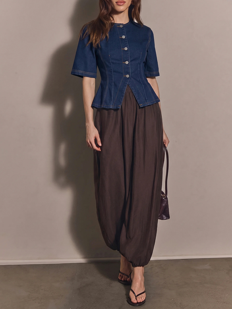 COSMINA Denim Kemeja Denim Kasual Wanita Lengan Pendek Kancing Tunggal - Navy Blue - View 4