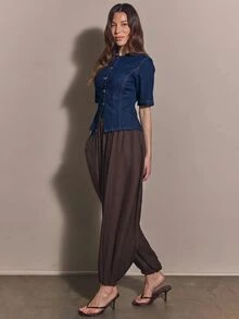 COSMINA Denim 女款短袖單排扣休閒牛仔襯衫 - 藏蓝色 - 查看 5