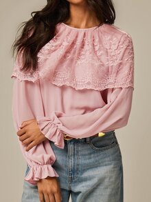COSMINA 女款休閒優雅蕾絲拼接粉色雪紡襯衫 - 粉色 - 查看 3