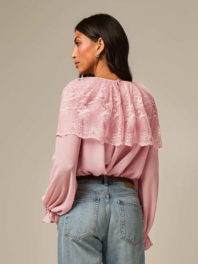 COSMINA Women's Casual Elegant Lace Patchwork Pink Chiffon Blouse - Pink - View 2