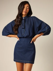 COSMINA Denim Women's Elegant Petal Sleeve Tie Bow Denim Dress - Royal Blue - View 4