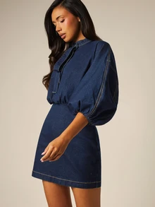 COSMINA Denim Women's Elegant Petal Sleeve Tie Bow Denim Dress - Royal Blue - View 1