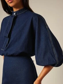 COSMINA Denim Women's Elegant Petal Sleeve Tie Bow Denim Dress - Royal Blue - View 6