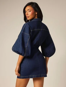 COSMINA Denim Women's Elegant Petal Sleeve Tie Bow Denim Dress - Royal Blue - View 2