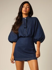 COSMINA Denim Women's Elegant Petal Sleeve Tie Bow Denim Dress - Royal Blue - View 5