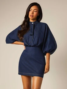 COSMINA Denim Women's Elegant Petal Sleeve Tie Bow Denim Dress - Royal Blue - View 3