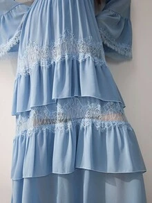 Willow Rêve Women's Blue High Waist Chiffon Dress With Ruffle Hem, Lace Patchwork Deep V-Neck And Flare Sleeves, Solid Color Elegant Romantic Bohemian Style, Suitable For Autumn Vacation, Party And Wedding - Blue - View 6