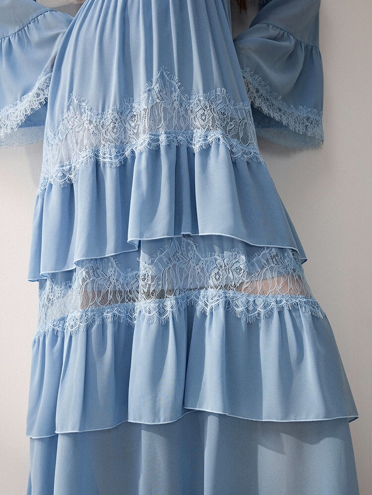 Willow Rêve 女款淺藍色高腰雪紡洋裝，荷葉邊下擺，蕾絲拼接，深V領，喇叭袖，浪漫波希米亞風，婚禮、沙灘洋裝 - 藍色 - 查看 6