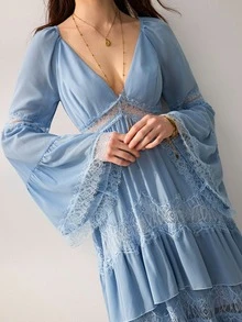 Willow Rêve Women's Blue High Waist Chiffon Dress With Ruffle Hem, Lace Patchwork Deep V-Neck And Flare Sleeves, Solid Color Elegant Romantic Bohemian Style, Suitable For Autumn Vacation, Party And Wedding - Blue - View 1
