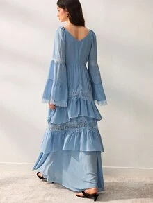 Willow Rêve Women's Blue High Waist Chiffon Dress With Ruffle Hem, Lace Patchwork Deep V-Neck And Flare Sleeves, Solid Color Elegant Romantic Bohemian Style, Suitable For Autumn Vacation, Party And Wedding - Blue - View 2