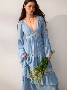 Willow Rêve Women's Blue High Waist Chiffon Dress With Ruffle Hem, Lace Patchwork Deep V-Neck And Flare Sleeves, Solid Color Elegant Romantic Bohemian Style, Suitable For Autumn Vacation, Party And Wedding - Blue - View 7