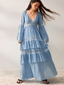 Willow Rêve Women's Blue High Waist Chiffon Dress With Ruffle Hem, Lace Patchwork Deep V-Neck And Flare Sleeves, Solid Color Elegant Romantic Bohemian Style, Suitable For Autumn Vacation, Party And Wedding - Blue - View 3