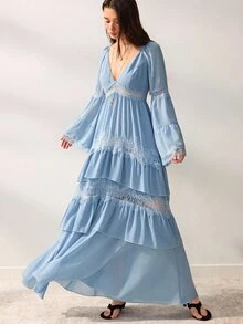 Willow Rêve Women's Blue High Waist Chiffon Dress With Ruffle Hem, Lace Patchwork Deep V-Neck And Flare Sleeves, Solid Color Elegant Romantic Bohemian Style, Suitable For Autumn Vacation, Party And Wedding - Blue - View 4